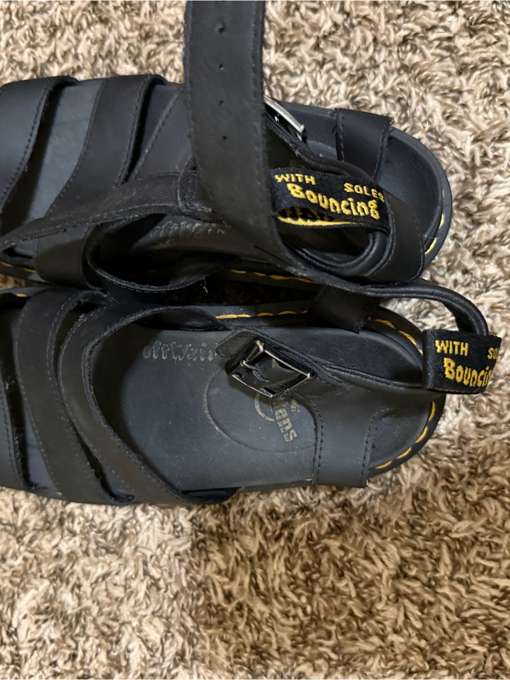 Dr. Martens Black Leather Fisherman Sandals with Yellow Heel Loop